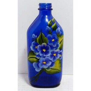 VINTAGE 60’S PHILLIPS COBALT BOTTLE W HAND PAINTED FLORAL FOLK ART MOTIF SIGNED